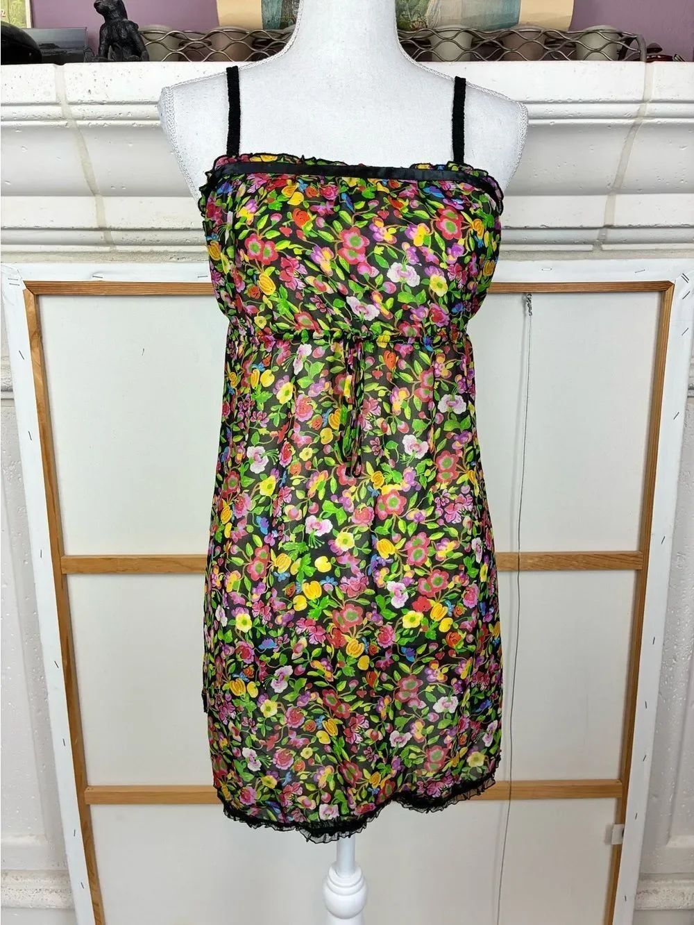 Josie Natori VTG Floral Sheer Slip mini babydoll Dress with Black stretchy lace